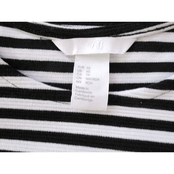 H&M Cold Shoulder Black White Stripes Fitted Bodycon Stretch Midi Dress XS Retro - Picture 7 of 7